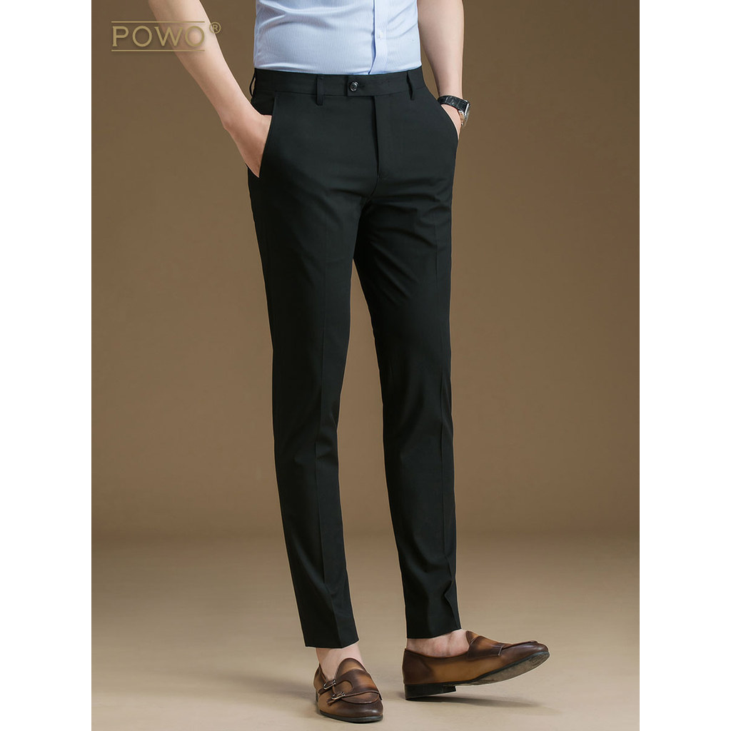 T calças masculinas calças pretas verão versão coreana magro-ajuste negócios casual magras calças estiramento cal