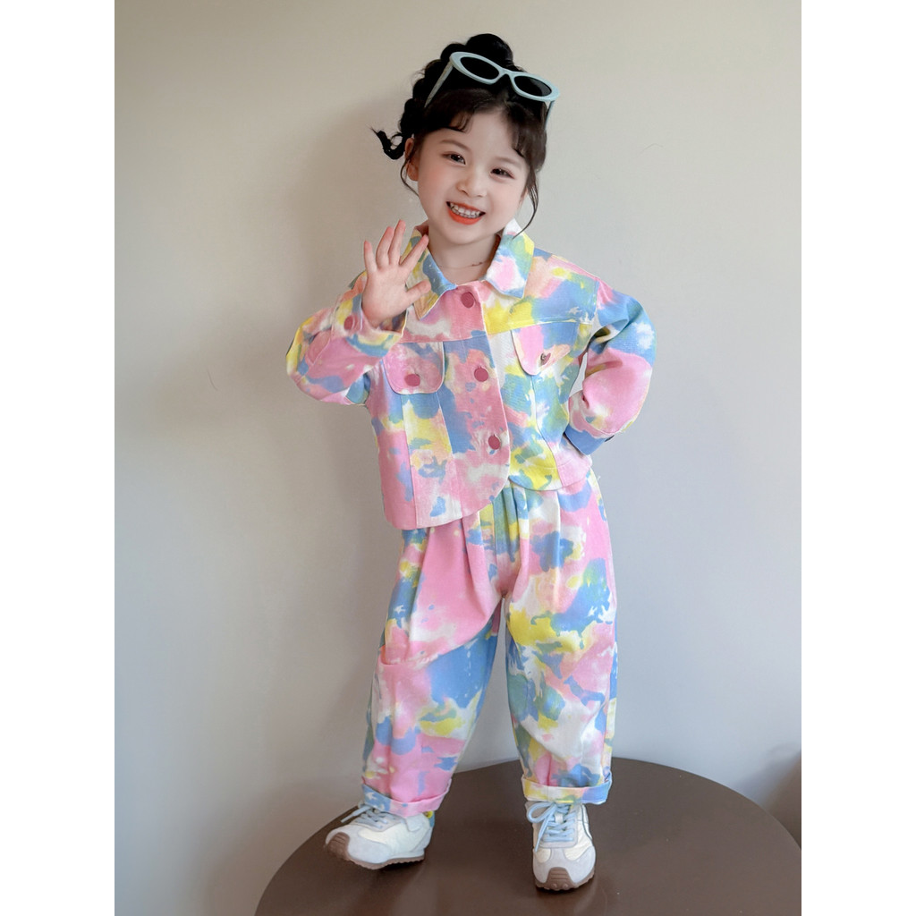 Meninas primavera terno 2026 novo estilo moda roupas infantis Tie-Dye Denim jaqueta moda bebê primavera outono terno de