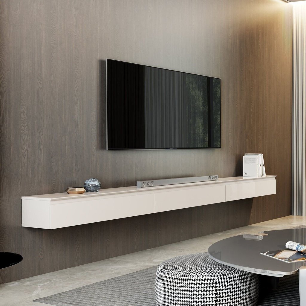 Rack Suspenso para TV até 75 Polegadas 100% MDF 217,8cm 3 Gavetas Aspen 2.17 Bege Off White 217.8