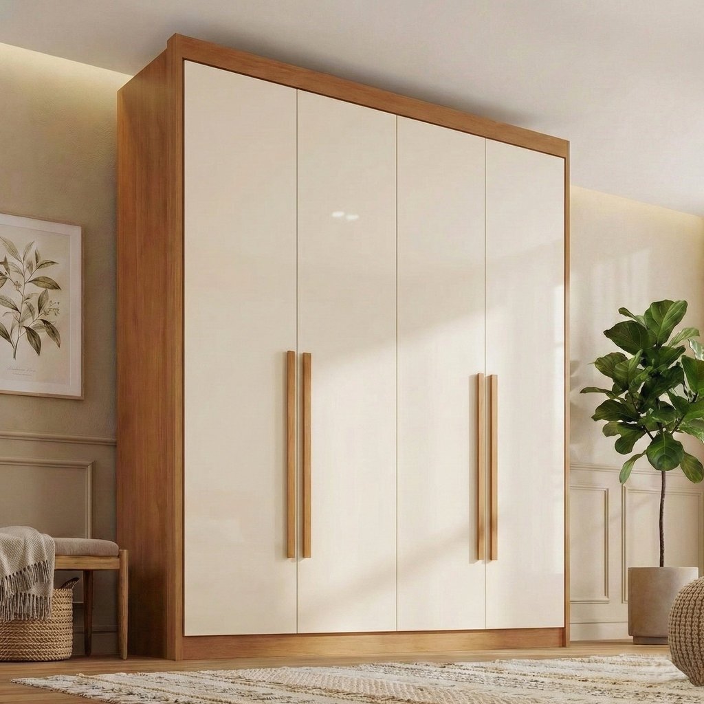 Guarda Roupa Casal 100% MDF 4 Portas e 4 Gavetas Bergamo Cinamomo/Off White Bege Cinamomo/Off White