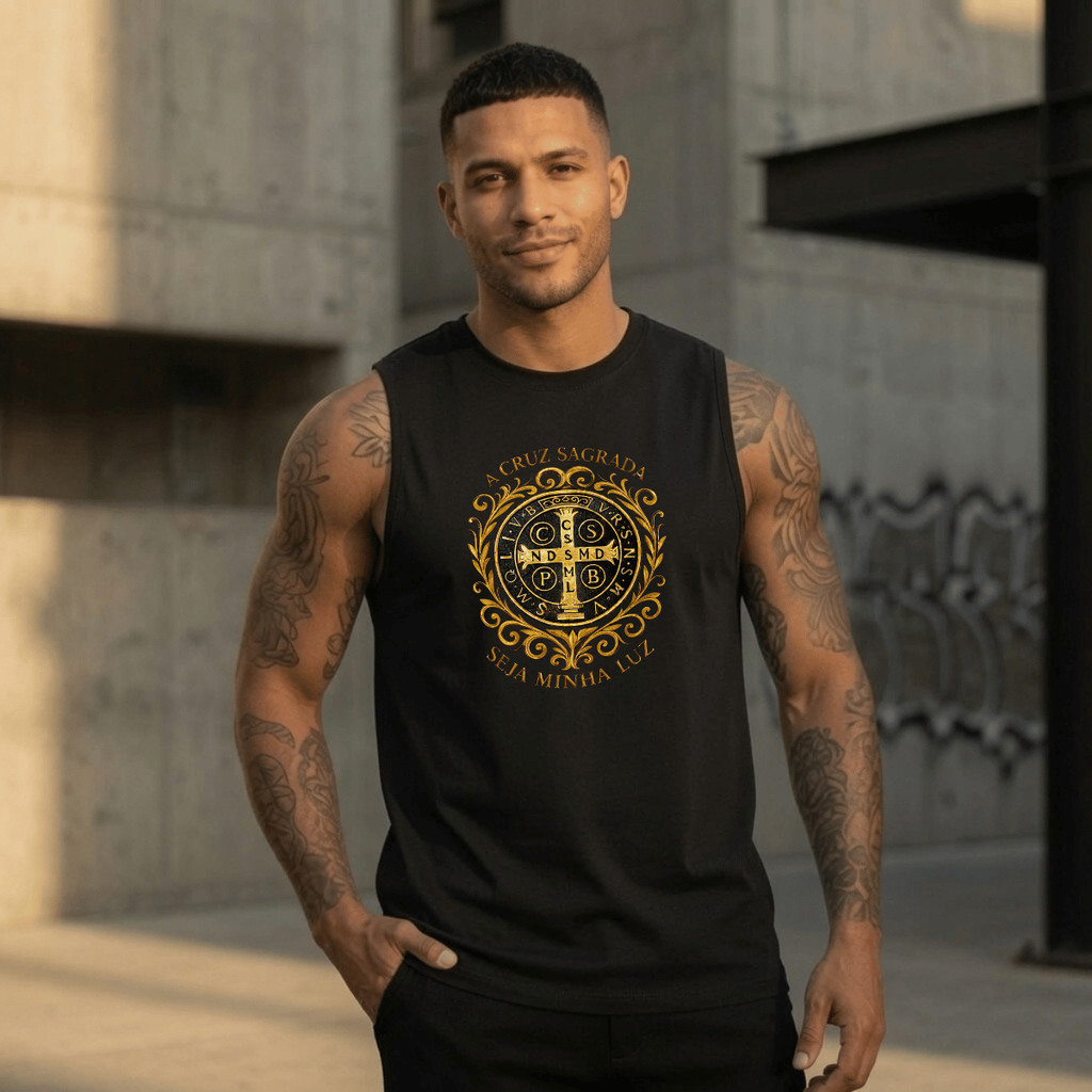 Regata Masculina Estampada Cruz Seja Minha Luz 100% Algodão Academia Premium Streetwear Verão Camiseta Cavada