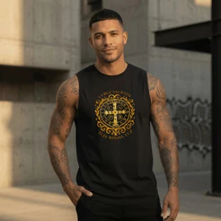 Regata Masculina Estampada Cruz Seja Minha Luz 100% Algodão Academia Premium Streetwear Verão Camiseta Cavada