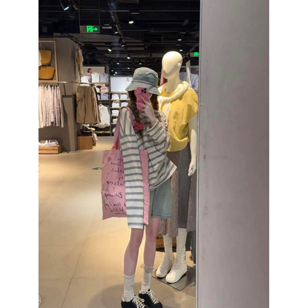 Estilo coreano estilo preguiçoso listrado manga comprida camiseta feminina 2026 novo estilo verão protetor solar blusa s