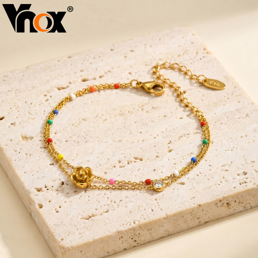 Pulseira Vnox Ouro Aço Inoxidável Zircão Flor Rosa , Corrente De Dupla Camada Epóxi Colorida Para Mulheres