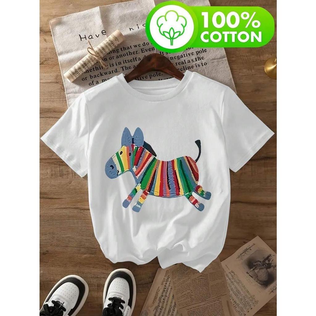 Camiseta feminina Infantil 100% algodão - Camiseta casual macia e confortável com estampa de cavalo arco-íris colorido