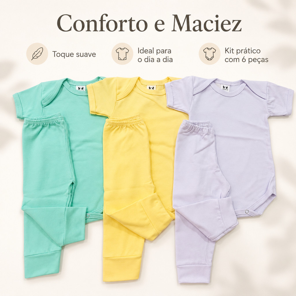 Kit De 6 Peças Roupa Bebe Masculino Enxoval Menino 3 Body Manga Curta + 3 Mijao Calca Algodao Maternidade