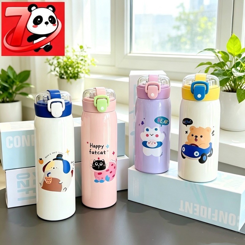 Garrafa Térmica 550ml Aço Inox com Canudo Desenho Kawaii para Escola e Viagem