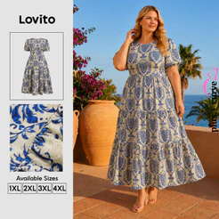 Lovito Boho Férias Vestido Plus Size Curve Com Estampa Tribal E Babados Para Verão/primavera Para Mulheres LBL23408