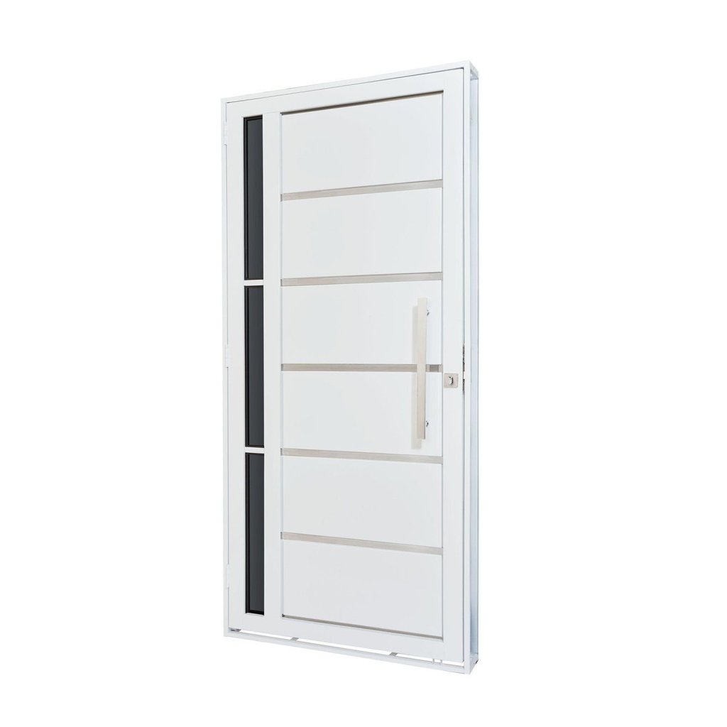 Porta de Aço Lambri 215x100cm com Friso e Puxador Inox Vidro Lateral Fumê Batente 12cm Qualitysol Ra Direita