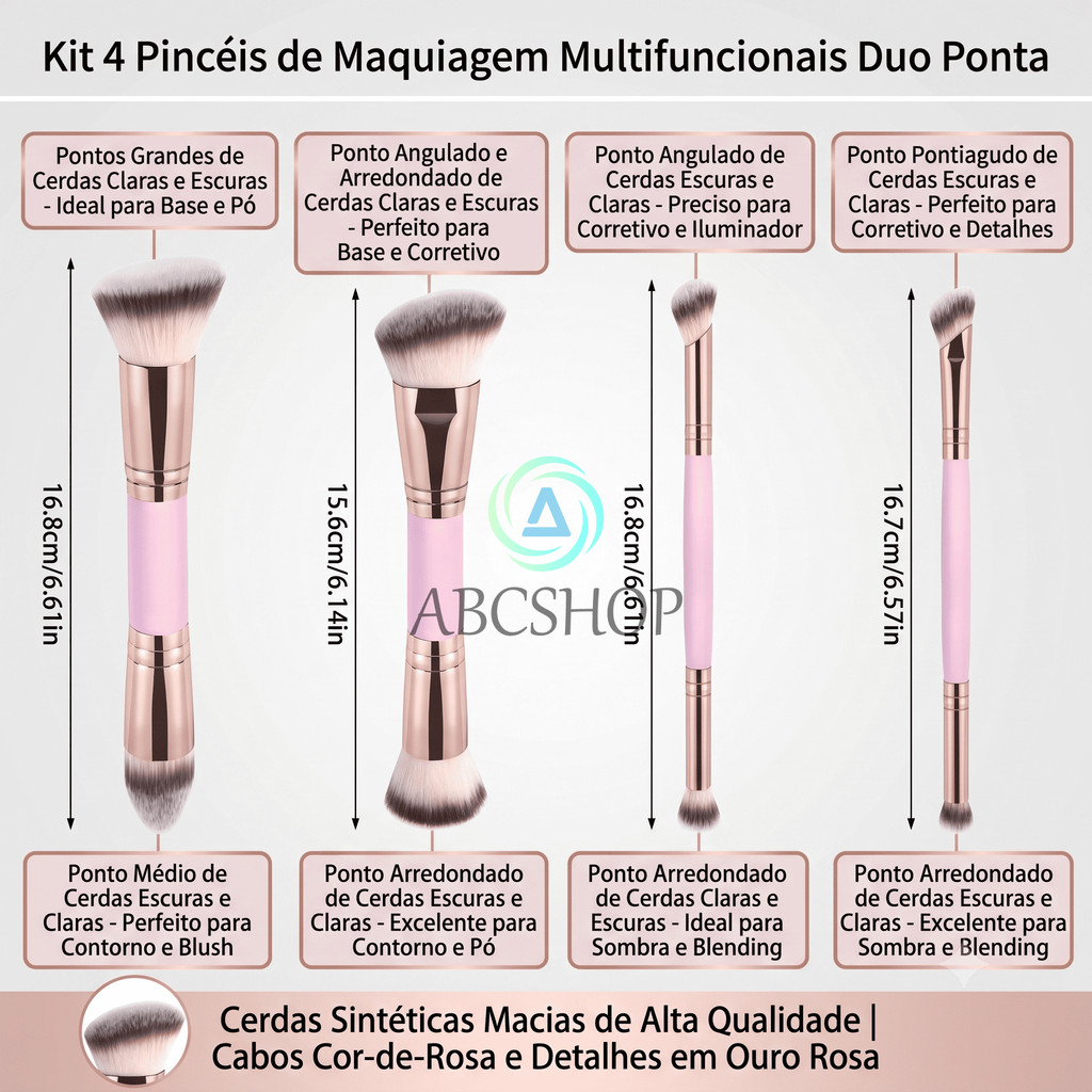 Kit 4 Pincéis de Maquiagem Multifuncionais Duo Ponta – Pincéis Faciais para Base, Corretivo e Blush