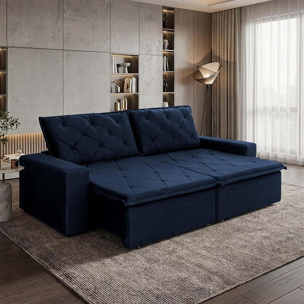 Sofá Cama Bangkok Sem Caixa 3,00m Retrátil e Reclinável Com Molas Velut Azul- King House