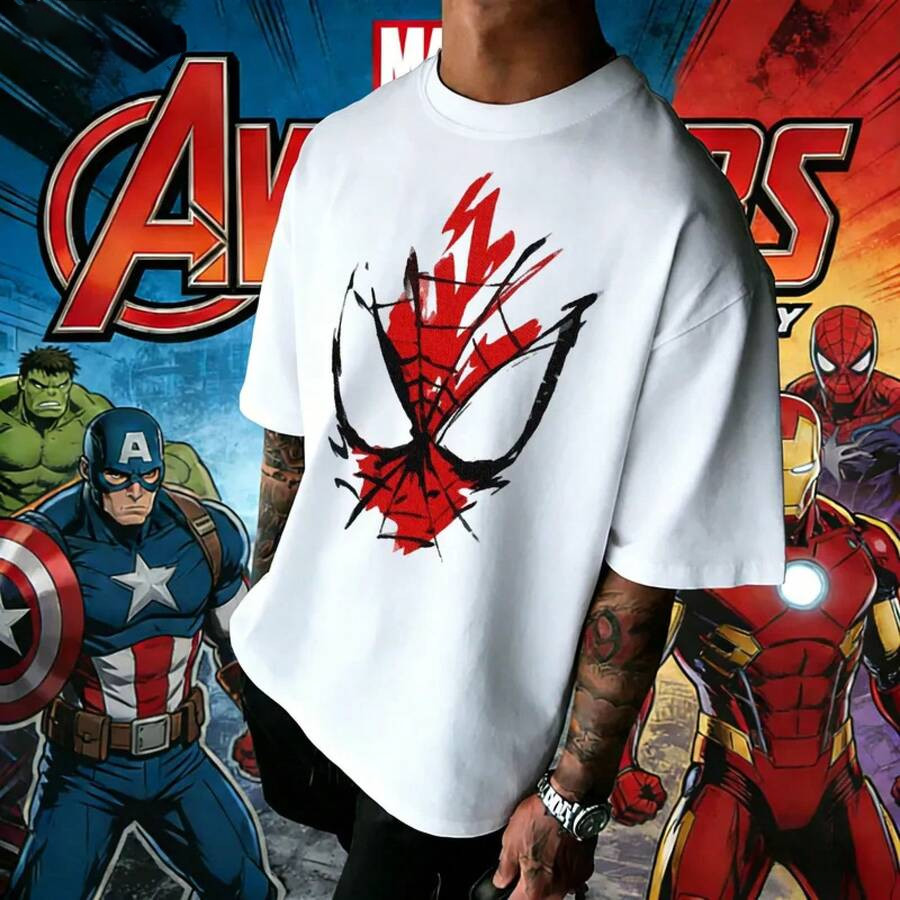 Camiseta Masculina Feminina Oversized Estampa Máscara Homem-Aranha Arte Pintura, Camiseta Streetwear Marvel, Camiseta