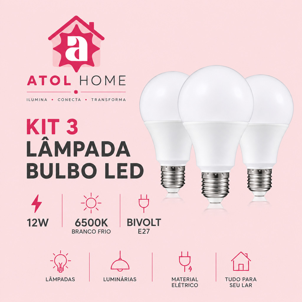 Kit 3 Lâmpada Bulbo Led 12w Luz Branco Frio 6500k Bivolt E27