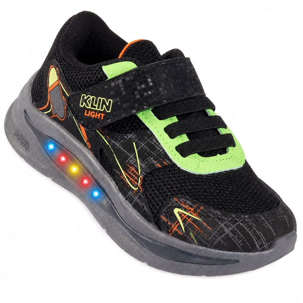 Tênis Infantil Masculino Klin Flash com Led Luizinha Colorida Anatômico Leve Preto e Verde — imagem 2 de 2
