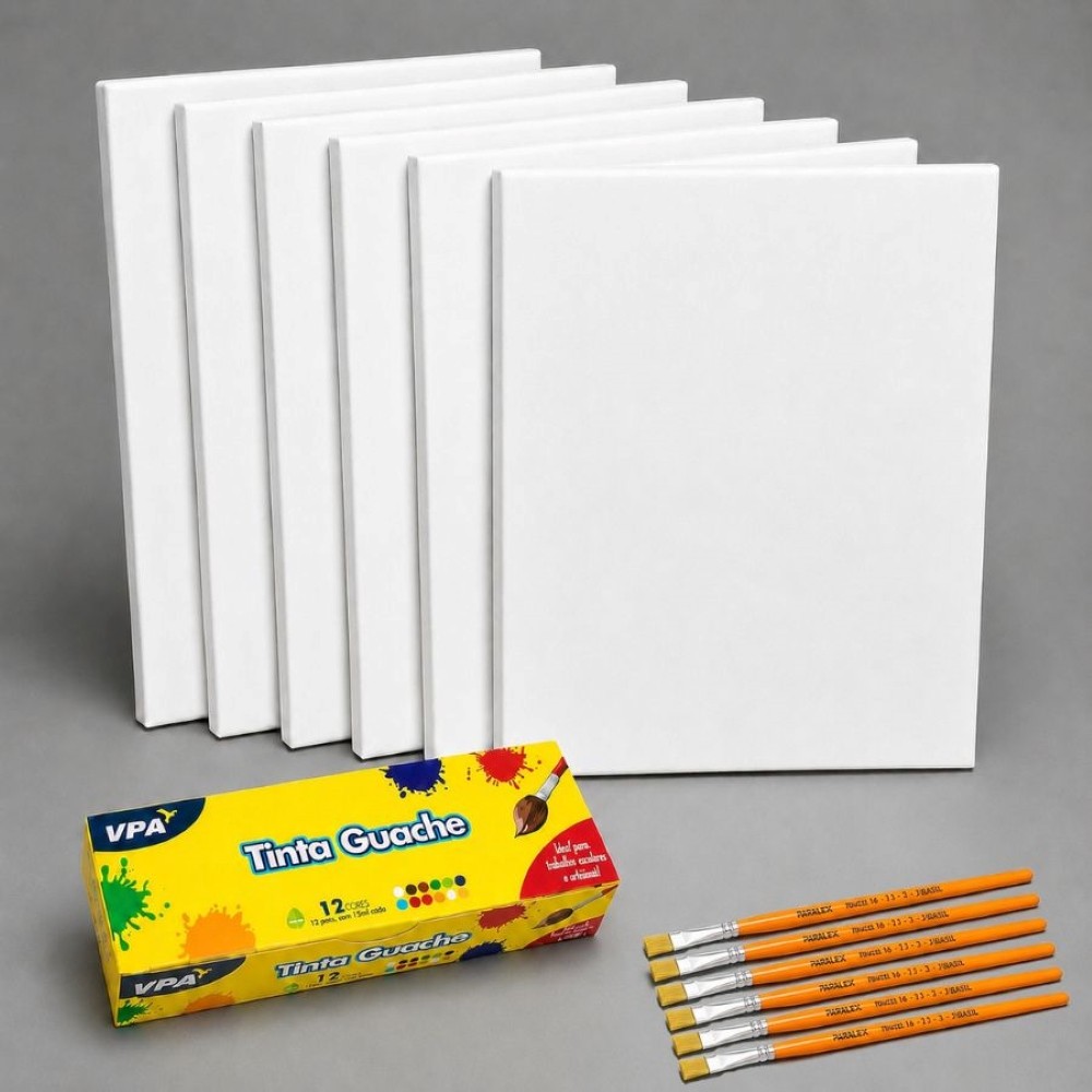 Kit Pintura Completo 6 Telas 20x30cm Tinta Guache 12 Cores e 6 Pincéis