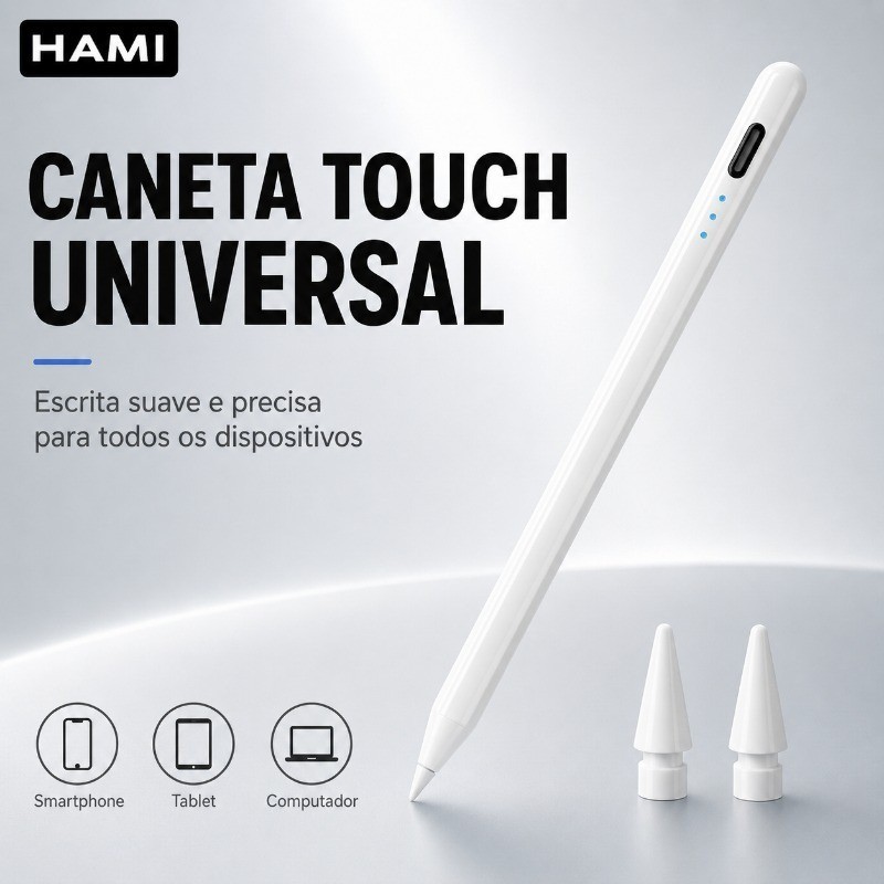 Caneta Touch Universal Recarregável Compatível com iOS Android Windows para Tablet Celular com 2 Pontas Extras