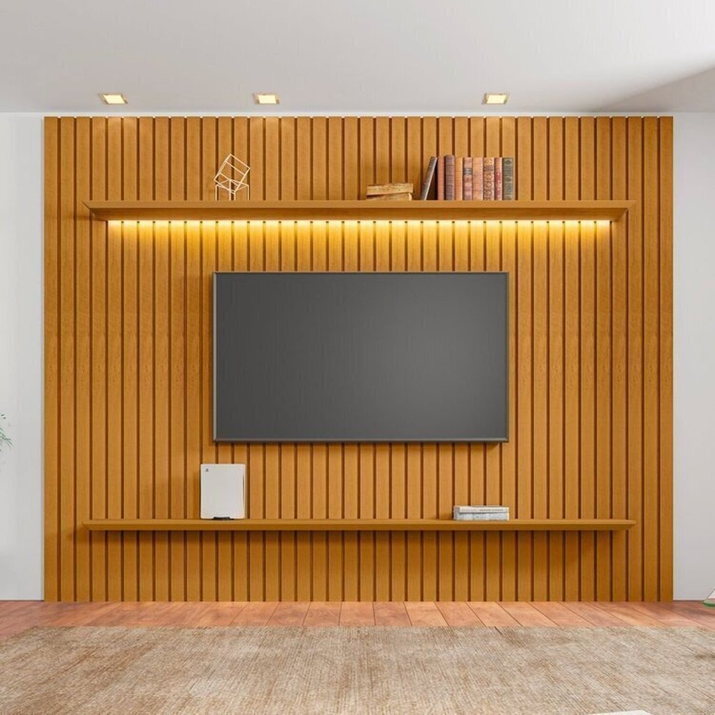 Painel Ripado para TV até 75 Polegadas com LED 100% MDF 230cmx220cm 2 Prateleiras Roma Marrom Cinamomo Cinamomo