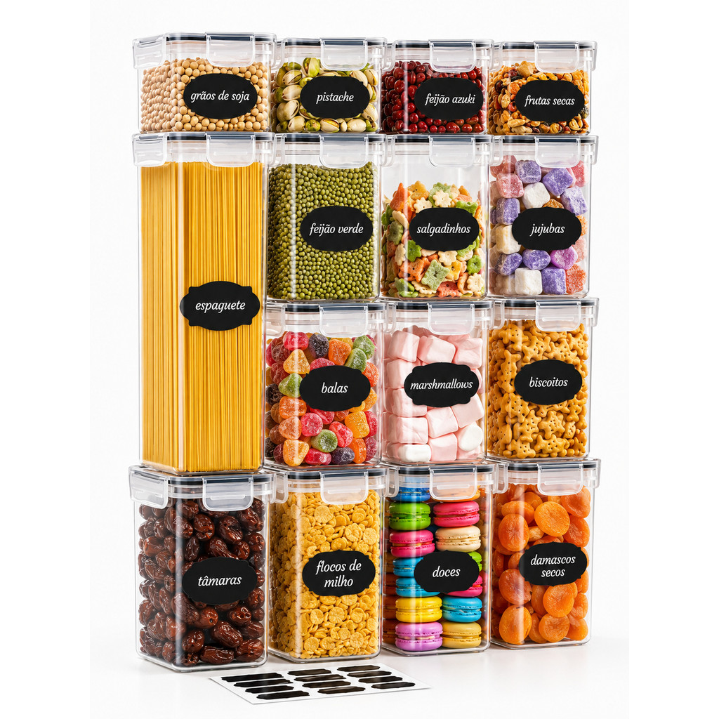 Kit 15 Potes Herméticos Empilháveis Mantimentos Quadrado Cozinha Com Tampa E Vedação Silicone Shokki