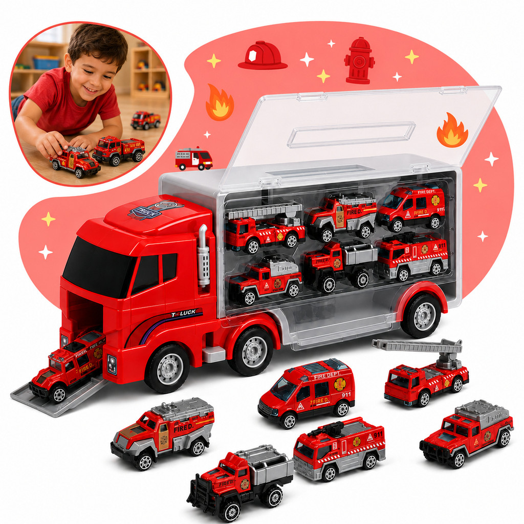 Caminhão Maleta Organizadora Infantil Com 6 Mini Carrinhos Temático Bombeiro Kizumba