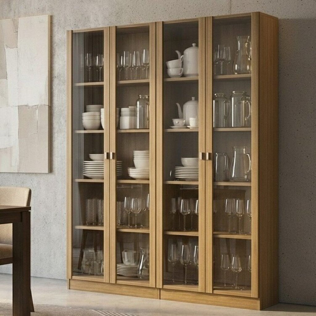 Kit 2 Cristaleiras Multiuso com 4 Portas de Vidro e 8 Prateleiras Marrom/Amendoa Amêndoa
