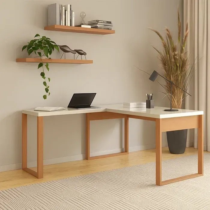 Escrivaninha Mesa Escritório 100% MDF 157,5cm Industrial Freijo e Off White Branco Freijó/Off White
