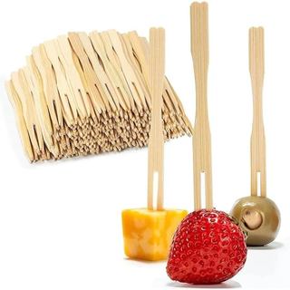 100 Garfos de Bambu Apizer, Garfo Descartável de Bambu de 3,5" para Charcutaria, Mini Garfos para Apizers, de Coqu