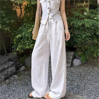 Branco asiático calças de perna larga feminino verão fino 2026 novo estilo cintura alta Drape pequeno Casual Ramie algod