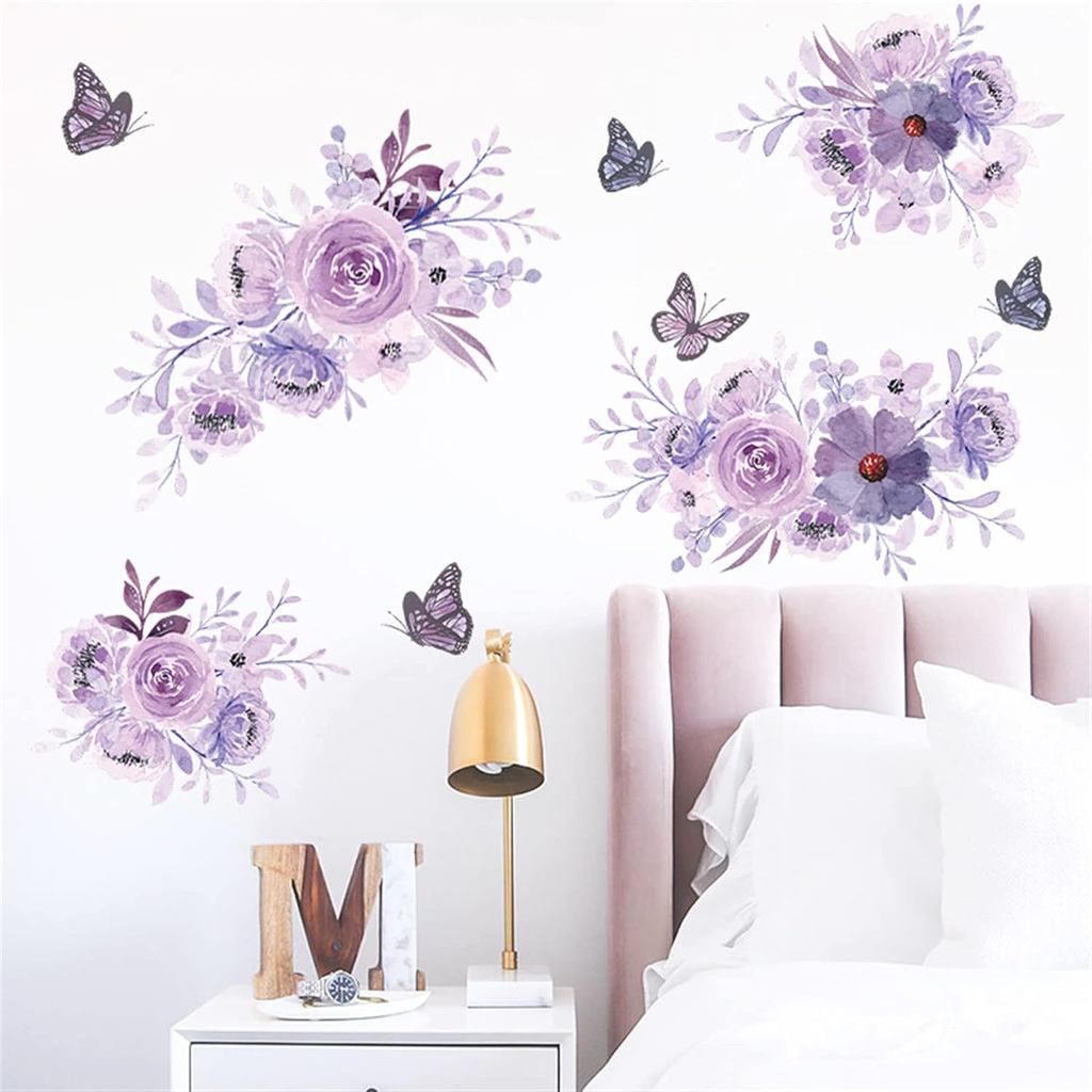 Adesivos de Parede com Flores Roxas e Borboletas, Buquê Floral em Aquarela, Adesivos Removíveis para Quarto, Sala de Est