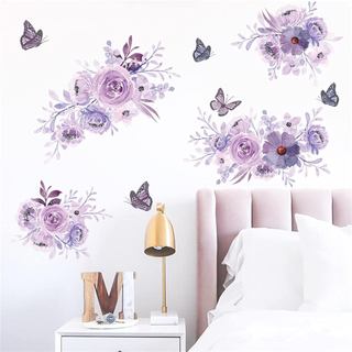 Adesivos de Parede com Flores Roxas e Borboletas, Buquê Floral em Aquarela, Adesivos Removíveis para Quarto, Sala de Est