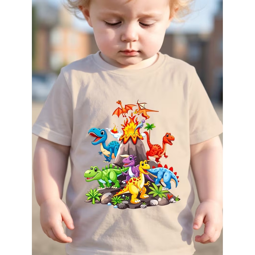 Camiseta Infantil Vulcão De Dinossauros - Estampas Exclusivas para Crianças 100% Algodão Unissex Menino E Menina