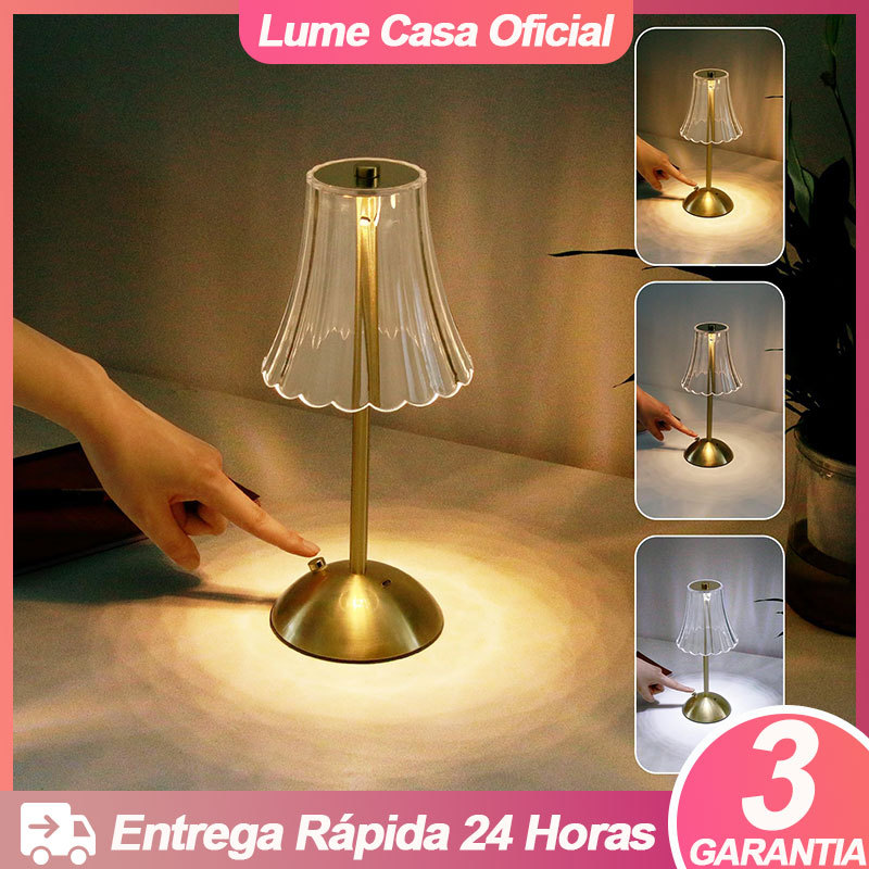 Luminária de Mesa LED Cristal 3 Tons Recarregável, Abajur Candeeiro Cabeceira Decoração Sala Quarto