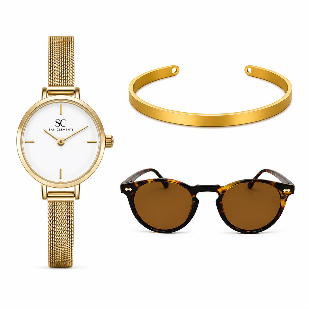 Kit Presente Feminino Premium Positano Gold Relógio + Óculos + Bracelete com 2 Cases e Sacola Premium