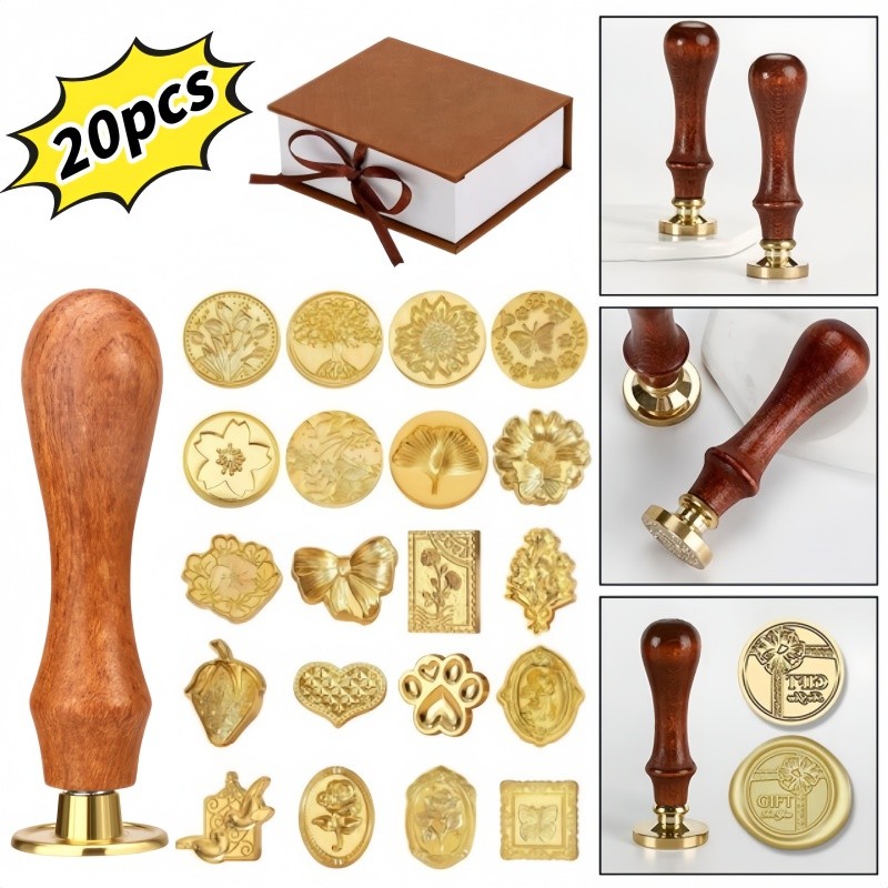 Conjunto com 20 Modelos de Carimbos de Cera Vintage para Decoração de Cartas e Convites, com Cabo de Madeira