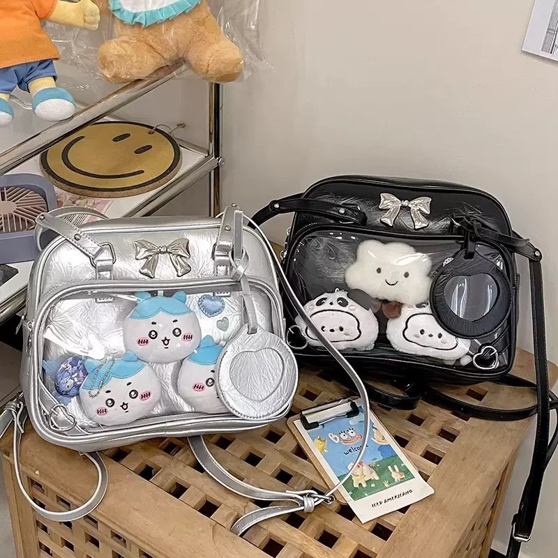 [Estoque pronto] Mochila estilo japonês com laço, barra transparente bidimensional, bolsa para dor Chiguzi, estilo y2k, 