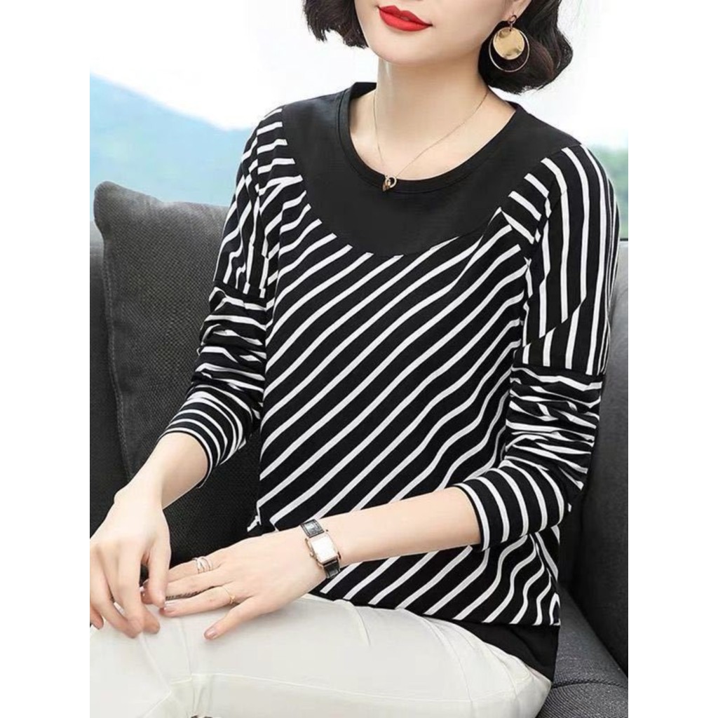 Ano novo estilo primavera feminina mãe de meia-idade camiseta de manga comprida solta tamanho grande listrado barriga-co