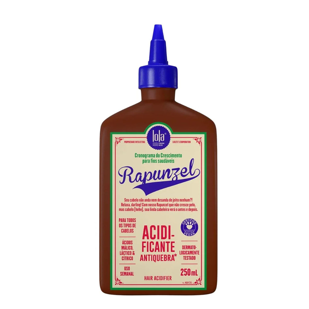 Frasco marrom de 250ml do acidificante antiquebra Rapunzel da Lola Cosmetics com tampa aplicadora azul