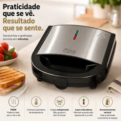 Sanduicheira Grill Elétrica 750W Antiaderente 2 Sanduíches Rápido 110V ou 220V Inox Termostato Automatico