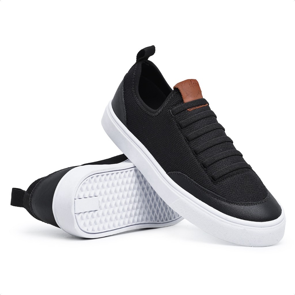 Tenis Sapatenis Masculino Preto Casual Cano Baixo Nylon Sola Reta Leve Confortável