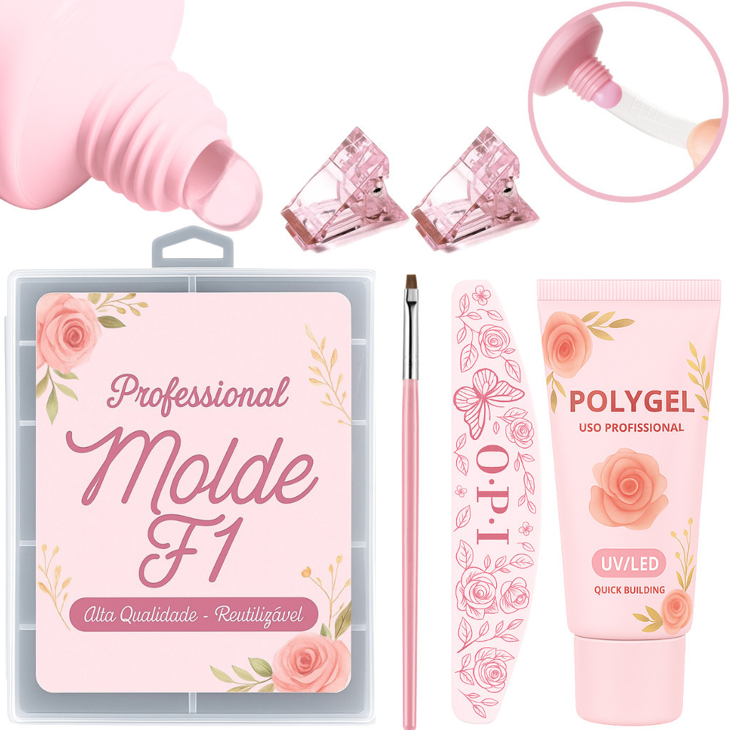 Kit Alongamento Poligel Polygel + Molde F1 + Lixa de Unha + Pincel De Aplicação para Unhas
