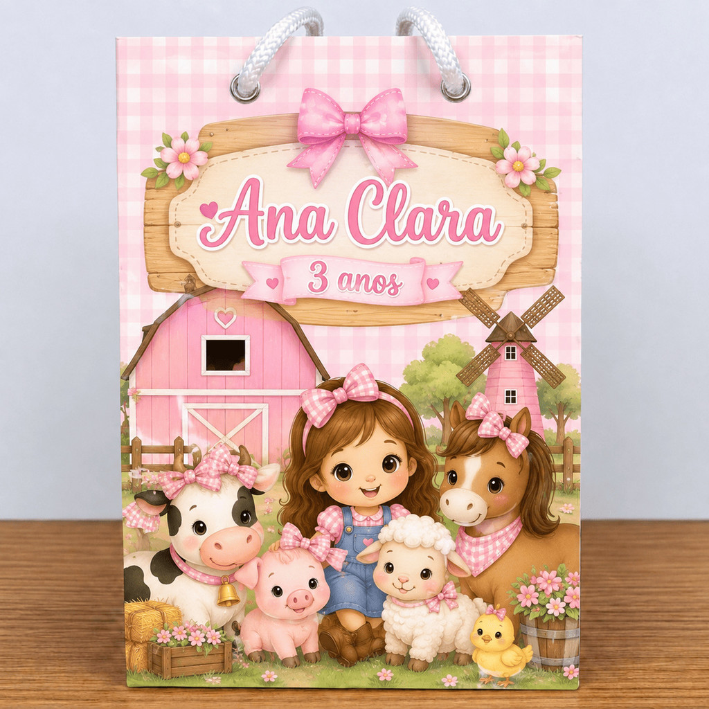 Sacolinha Personalizada com Nome e Idade Fazendinha Menina Rosa  - Lembrancinha Infantil