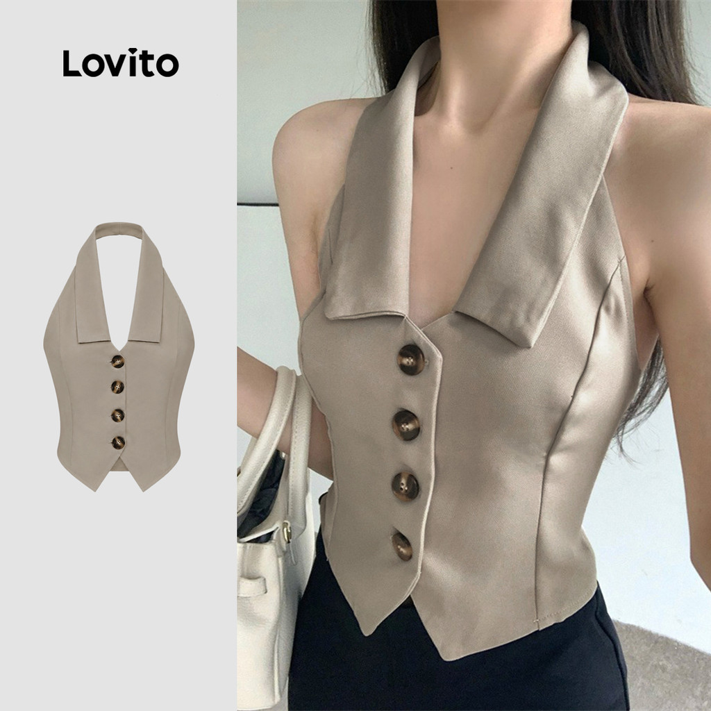Lovito Elegante Regata Feminina Lisa Com Botões Frontais (tamanho Pequeno) L86ED