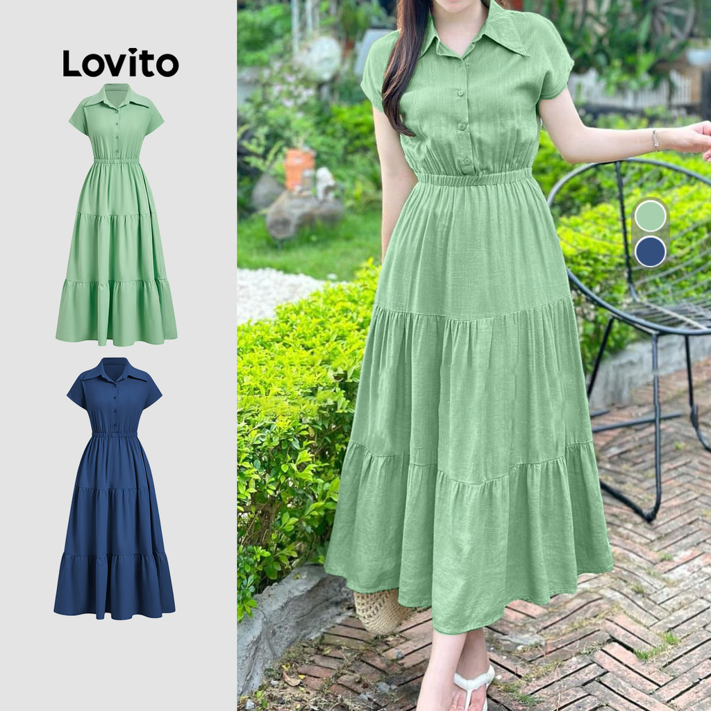 Lovito Casual Vestido com Botão Primavera/verão Vestido Verde para mulheres L157LD279