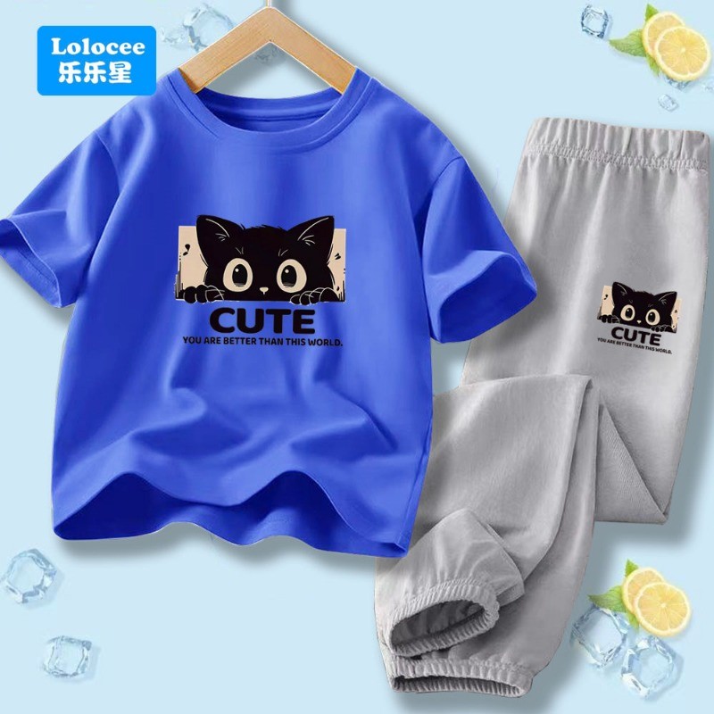 Crianças Anti Mosquito 2 Peças Roupa Bonito Gato Impressão Algodão Camiseta Capri Calças Meninos Meninas Conjunto De Ver
