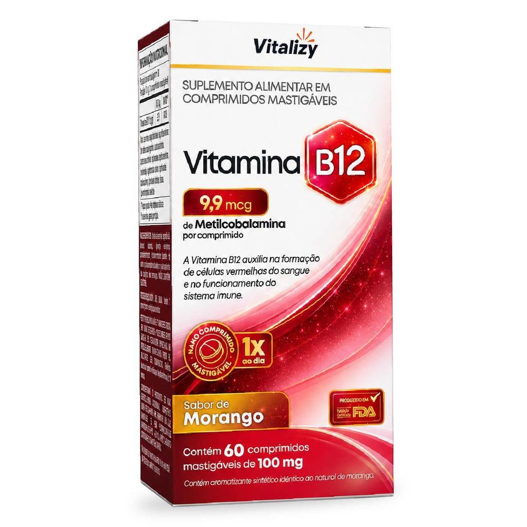 Vitamina B12 Metilcobalamina 60 Comprimidos Mastigáveis Sabor Morango Alto Teor Zero Açúcar Original Vitalizy