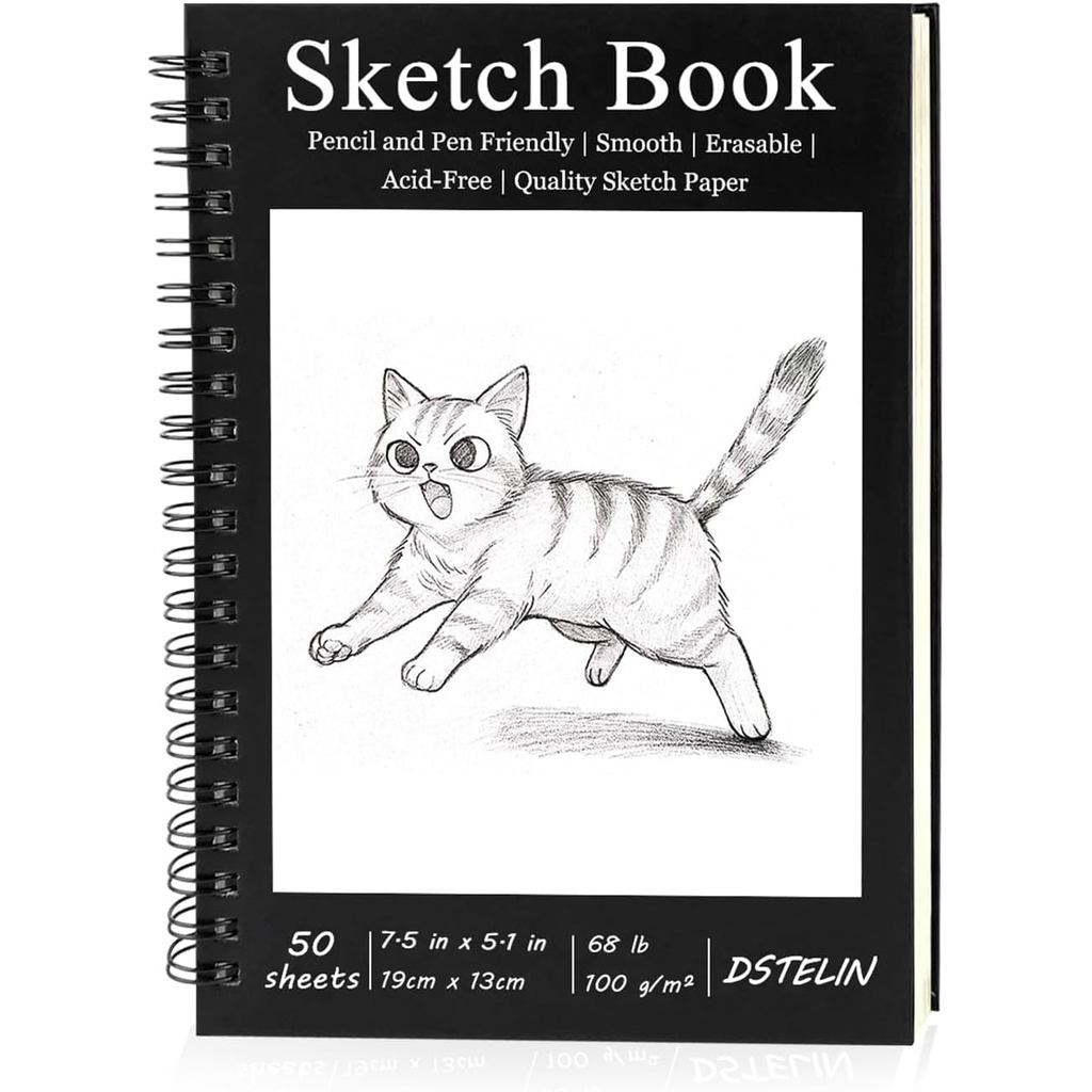 Caderno de Desenho DSTELIN 7,5 x 5,1 Polegadas, 50 Folhas, 100gsm, Encadernação Espiral, Capa Dura Preta com Capa Preta,