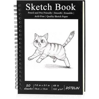 Caderno de Desenho DSTELIN 7,5 x 5,1 Polegadas, 50 Folhas, 100gsm, Encadernação Espiral, Capa Dura Preta com Capa Preta,