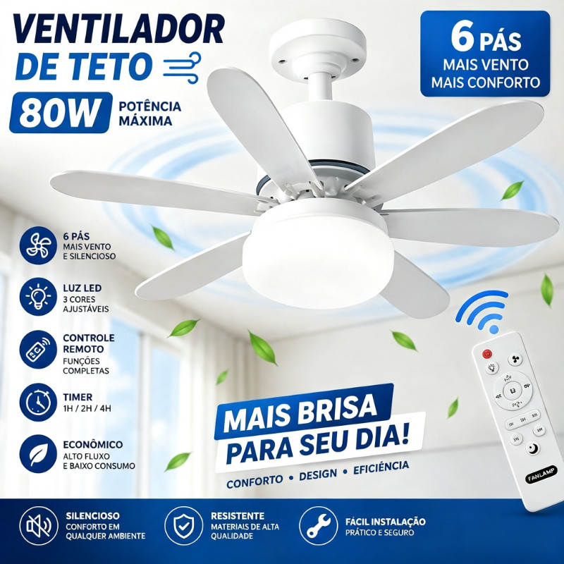 Ventilador de Teto Turbo Silencioso Oval 80w 6 Pás LED 3 Cores E27 Controle Função Timing Bivolt