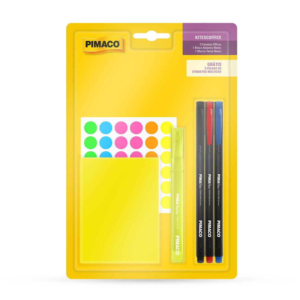 Kit Escolar Pimaco Office Completo | Marca Texto Neon + Canetas + Bloco Adesivo