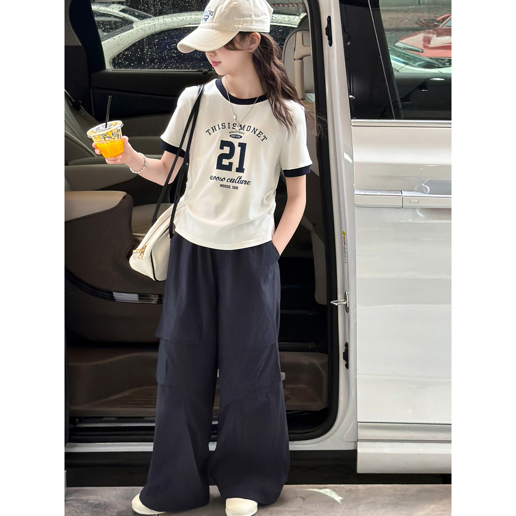 Meninas verão ternos casuais 2026 novo estilo versão coreana estilo ocidental grandes crianças contraste cor camiseta ma