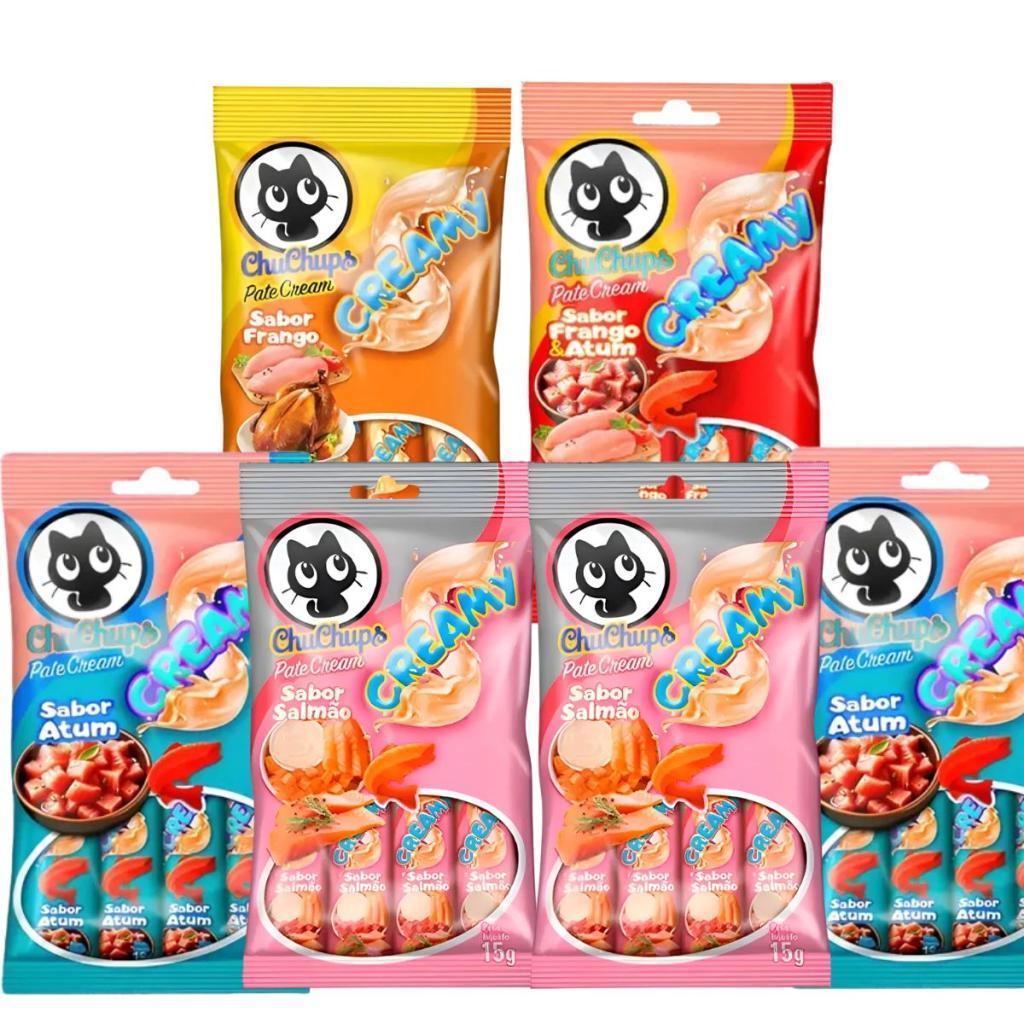 Kit Petiscos Cremosos Chuchups Gatos 24x15g - Atum, Salmão e Frango